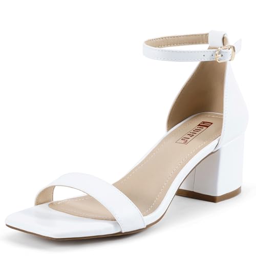 IDIFU IN2 Chunky Block Low Heels Square Open Toe Ankle Strap Short Heeled Sandals Wedding Bride Bridal Ladies Summer Prom Dress Shoes for Women Dressy Comfortable Formal Cute Trendy Small Thick Heels