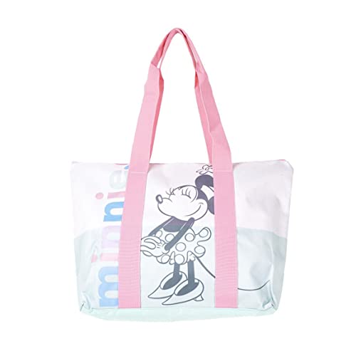 Bolsa de Playa de Minnie Mouse - Cierre de Cremallera - 47 x 33 x 15 cm - Bolsa de Tela con Asas Largas - Diseño Impreso en Loneta - Producto Original Diseñado en España