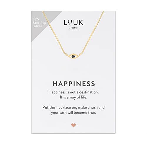 LUUK LIFESTYLE Collar de ojo turco plata de ley 925 y tarjeta mensaje HAPPINESS joyas espirituales y femeninas, zen, tamaño ajustable, resistente al agua, motivo espiritual turco, dorado