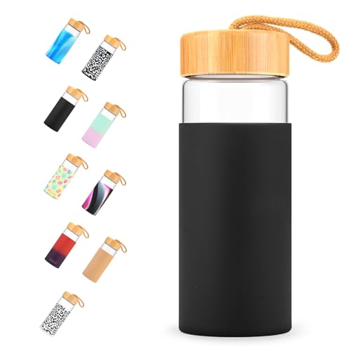 Tronco 20 oz Glass Water Bottles with Lids, Reusable Borosilicate Glass Bottles with Bamboo Lid & Non-Slip Silicone Sleeve for Coffee, Iced Tea, Water, Leak-Proof, BPA-Free – Ideal for Offic