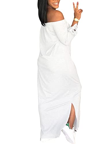 Image of Women's Casual Off Shoulder Maxi Dress - African Print Summer Loose Long Sleeve Tunic T Shirt Dresses with Pockets