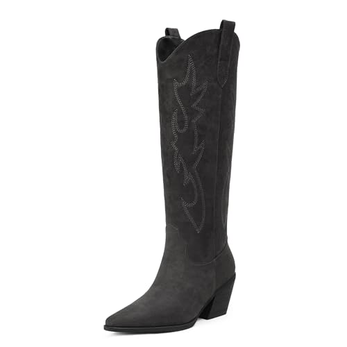 Image of iiimmu Cowgirl Boots Women Knee High Boots Pointed Toe and Block Heel Cowboy Suede and Faux Leather Boots with Embroidered