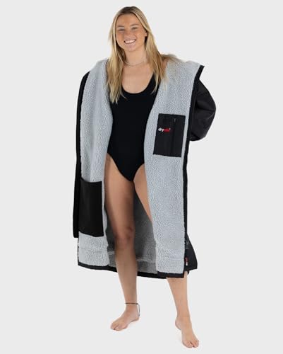 Dryrobe Advance Waterproof Changing Robe - LONG SLEEVE Oversized Change Robe Coat with Fleece Lining - Hooded Jacket for Beach, Wild Swimming, Surfing - Kids 10-13 - Black/Grey - Image 8