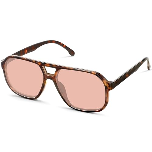 Fozono Retro Aviator Sunglasses for Women Men - Classic 70s Vintage Square Double Bridge Shades - UV Protection Eyewear Tortoise Frame Pink Tint Lens