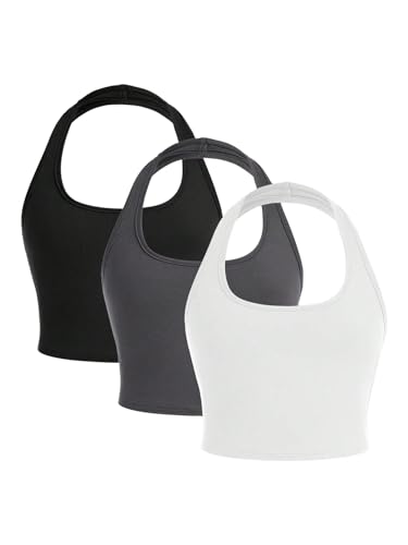 Floerns Girl's 3 Piece Solid Sleeveless Halter Tops Slim Fit Basic Tank Top