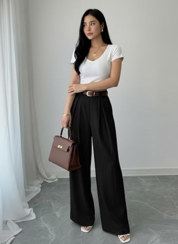 Image of SMOWKLY Women's Korean Style Loose Fit Wide Leg Trousers | Cotton Blend Pleated Palazzo Pants with Elastic Back Waist | High Waist Office & Casual Wear | Stretchable & Breathable