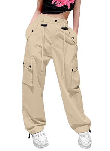 Image of HENGAO Girls Cargo Pants Parachute Casual Jogger Y2K 5-14 Years | Kids Baggy pants Parachute, Drawstring, with Pockets, Elastic High Waist, Loose Trousers Streetwear
