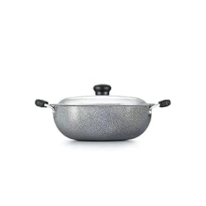 Prestige Omega Select Plus Aluminium Non-Stick Round Base Kadhai with Lid, 20 cm, Black