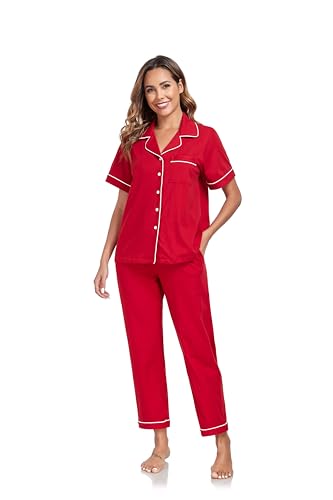 Image of COLORFULLEAF Women's 100% Cotton Pajamas Set Button Down Sleepwear Short Sleeve Shirt and Long Pants Soft Ladies Lounge Sets