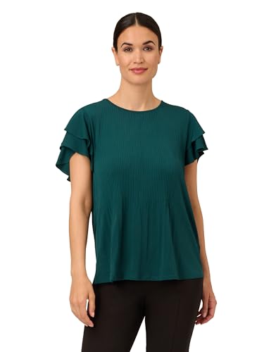 Adrianna Papell Diffusion Women's Solid Pleat Double Sleeve Top, Evergreen, L