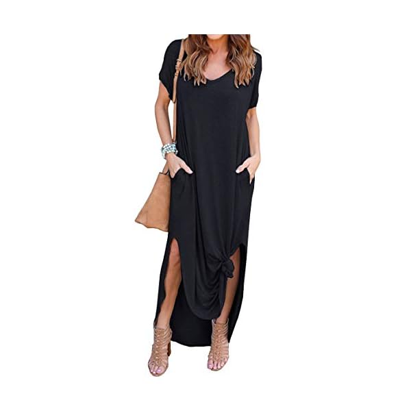GRECERELLE-Womens-Casual-Loose-Pocket-Long-Dress-Short-Sleeve-Split-Maxi-Dresses GRECERELLE Women's Casual Loose Pocket Long Dress Short Sleeve Split Maxi Dress Black Medium