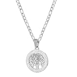 14K Gold Plated Tree of Life Pattern Pendant Necklace for Women Life Tree Necklaces Stainless Steel Flat Figaro Chain Necklace (white, chain length: 18')