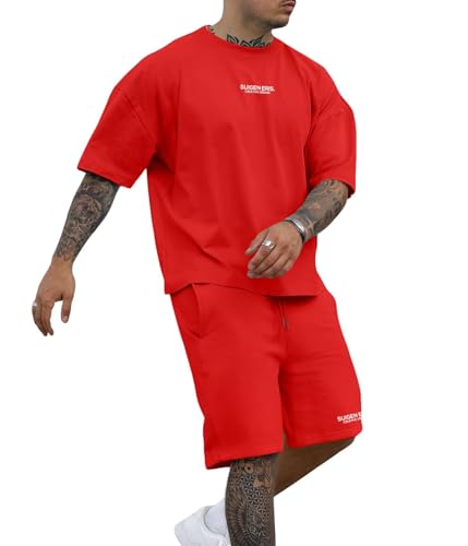 Epoleatries Men's 2 Piece Outfits Letter Drop Shoulder Oversize Tee Shirt Shorts Set Athletic Jogging Summer Tracksuit Red XXL
