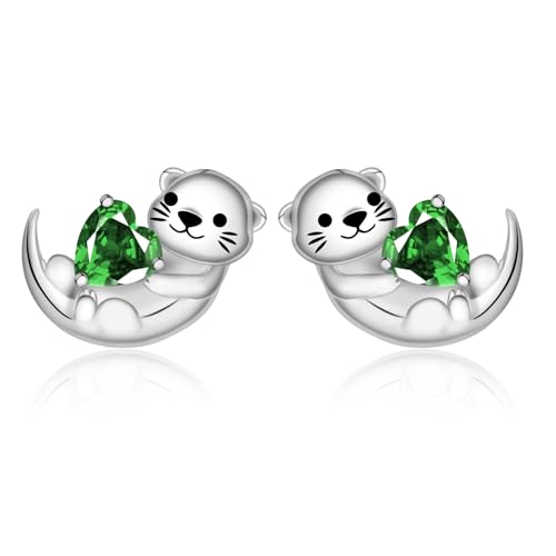 Cute Otter Earrings for Women - 925 Sterling Silver Birthstone Sea Otter Stud Earrings Cute Animal Stud Heart-Shaped CZ Hypoallergenic Jewelry Gift (Birthstone May.)