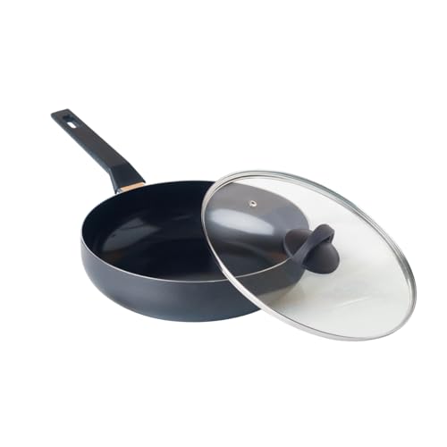 QDESIGN BLACK+ - Sartén de aluminio ultra antiadherente antiarañazos sin PFOA con tapa de cristal, para todo tipo de fuegos, incluida inducción, compatible con lavavajillas, nevera y lavavajillas