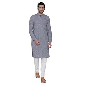Manthan Self Design Striped Full Sleeves Casual Wear Art Silk Kurta for Men Checkered Design Kurta (Blue)