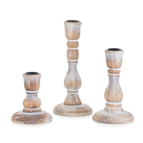 NUPTIO Taper Candle Holders Wood: Set of 3 Rustic Wooden Candlestick Holder – Vintage Candles Stick Candleholder for Fall Thanksgiving Christmas Fireplace Table Decor
