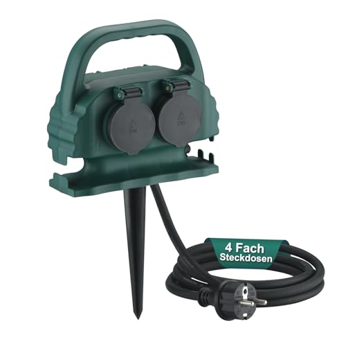 Gartensteckdose 4-Fach IP44 mit Tragegriff und Erdspieß, wasserfeste...