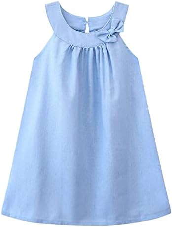 HILEELANG Toddler Girls Dress Cotton Linen Solid Tranquil Blue Color Halter Neck Sleeveless Tank Vest Shift Cold Shoulder Sundress 4T