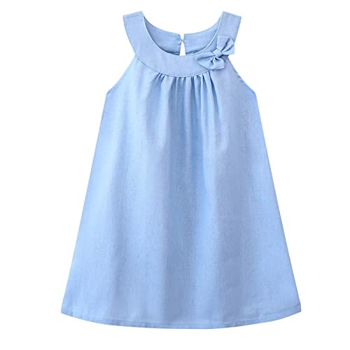 Hileelang Toddler Girls Dress Cotton Linen Solid Tranquil Blue Color Halter Neck Sleeveless Tank Vest Shift Cold Shoulder Sundress 4T #TOP5