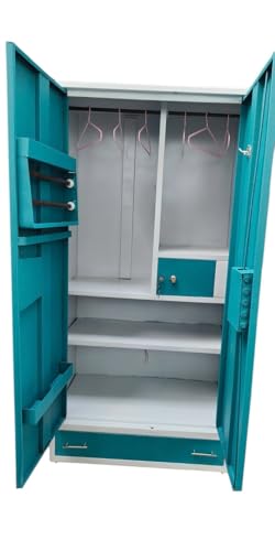 Image of 2 Door Wardrobe | Steel Almirah | 2 Hanging Rode, 2 Storage Shelves, 1 Drawers with 1 Locker 22 Gauge in Cabinet | with Mirror