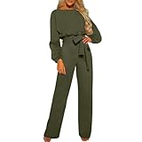Womens Crewneck Rompers Elegant Jumpsuits Dressy Casual Long Sleeve Belt High Waist Playsuit Slim Fit Wide Leg Pants Formal Business Workwear Petite, M