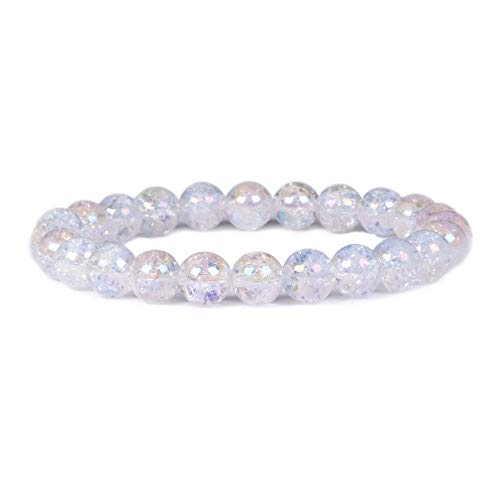 Justinstones Aqua Aura Crackle Natural Clear Quartz Gemstone 8mm Round Beads Stretch Bracelet 7 Inch
