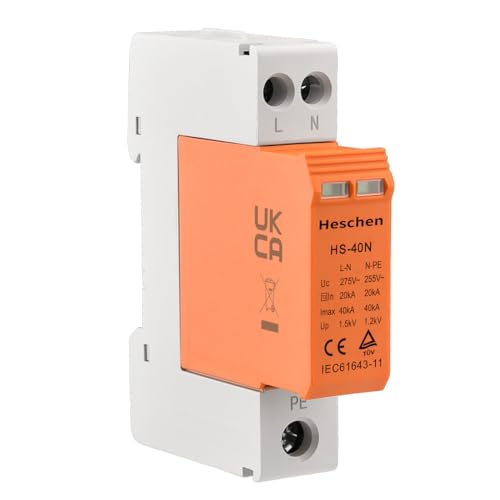 Heschen Surge Protective Device SPD, HS-40N, 275VAC 20KA, Fire-Proof, Low-Voltage Arrester, 35mm DIN Rail Mounting (1+NPE)