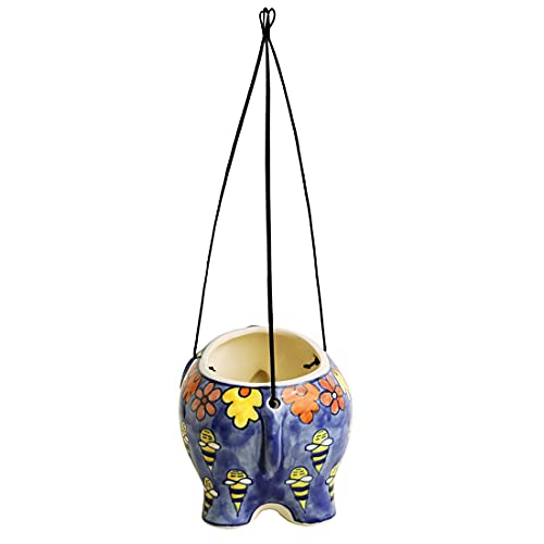 Image of ExclusiveLane 'The Bee Collective' Handpainted Ceramic Hanging Planters for Balcony for Indoor Plants (Blue, 8.9 * 5.3 * 4.9Inch), (L * W * H) = (8.9 * 5.3 * 4.9) Inch (EL-021-131)