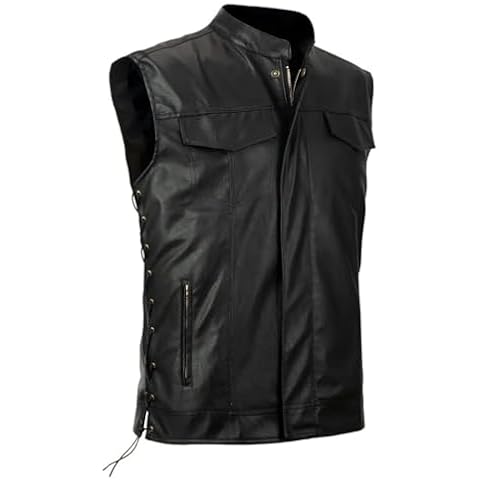 Idopy Men`s Faux Leather Vest Adjustable Lace Up Sides Motorcycle Biker Sleeveless Jacket Waistcoat Black XXL Cover