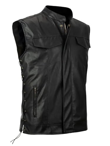 Men`s Faux Leather Vest Adjustable Lace Up Sides Motorcycle Biker Sleeveless Jacket Waistcoat