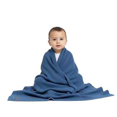 Image of Organic Cotton Baby Blanket 30x40 in, Aegean Blue - GOTS Certified, Soft Knit Swaddle with Gift Box, Breathable Nursery Blanket for Crib & Stroller, Machine Washable