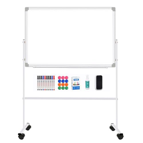 Pizarra Blanca Con Soporte,Pizarra Blanca Móvil 120x90Cm, Magnética Grande Marco De Aluminio De Doble Cara,Whiteboard Con Ruedas Con Marcadores,Imanes,Borrador De Pizarra Para Escuela En Casa,Oficina