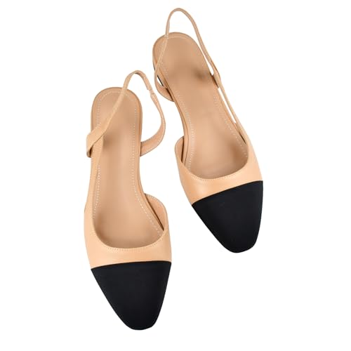 Debaishi Slingback Flat Pumps for Women,Chunky Heels Round Toe Two Toned Casual Slingback Sandals Fashion Dress Low Heel Sandals3