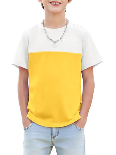 Haloumoning Boys Colorblock Short Sleeve Shirts Kids Summer Crewneck T-Shirts Casual Tops Tees 5-14 Years Yellow