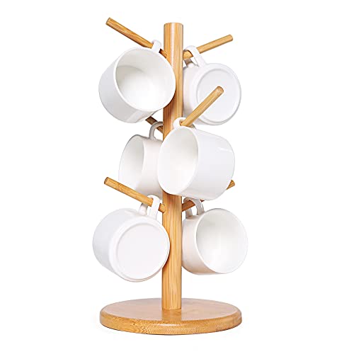 Maxcocola Mug Holder Tree, Coffee Cup Holder, Countertop Mug Tree, Coffee Mug Holder for Counter Stand, Bamboo Mug Rack & Tea Cup Organizer, Bamboo Coffee Counter Bar Accessory with 6 Hooks