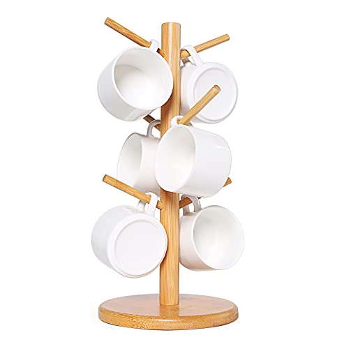 cup tree holder - Maxcocola Mug Holder Tree, Coffee Cup Holder, Countertop Mug Tree , Coffee Mug Holder for Counter Stand, Bamboo Mug Rack & Tea Cup Organizer, Bamboo Coffee Counter Bar Accessory with 6 Hooks