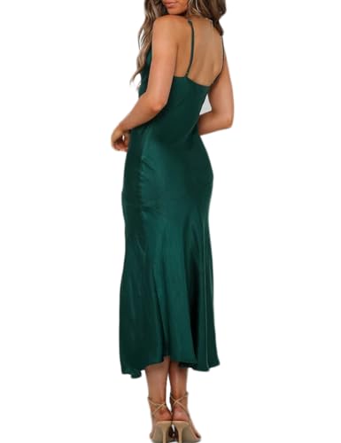 Image of Summer Satin V Neck Silp Midi Dress for Women Wedding Guest 2026 Sexy Spaghetti Strap Backless Long Dresses with Slit
