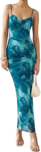 Womens Mesh Floral Maxi Dress 2026 Ruched Spaghetti Strap Bodycon...