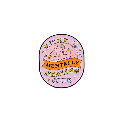 Mentally Healing Club Floral Brain Enamel Pin, Mental Health Therapy Pin Brooch, Self Care Encouragement Brooch Badge, Anxiety Awareness Lapel Badges, Self Love, Inspirational Gift For Therapist Friends Emotional Healing Positive Accessory