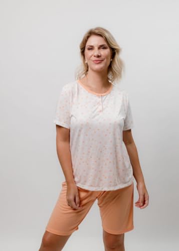 Pijama Feminino Adulto Blusa com Peitilho e Bermuda Ciclista -Poliviscose - Coração Laranja (BR, Alf