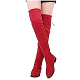 LLDG Damen Overknee Stiefel Stretch Winter Hohe Stiefel mode Flache Kniehohe Stiefel übers Knie Stiefel Wildleder Langschaft stiefel Warm Winterstiefel aus Veloursleder Schlupfstiefel, Rot, 40 EU