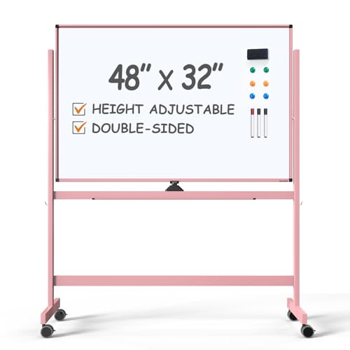 Image of TSJ OFFICE Large Rolling Whiteboard - Dry Erase Magnetic 48 x 32 Inches White Board Height Adjust Double Sides Mobile Portable Easel on Wheels, Dry Erase Board with Stand for Office, Home & Classroom