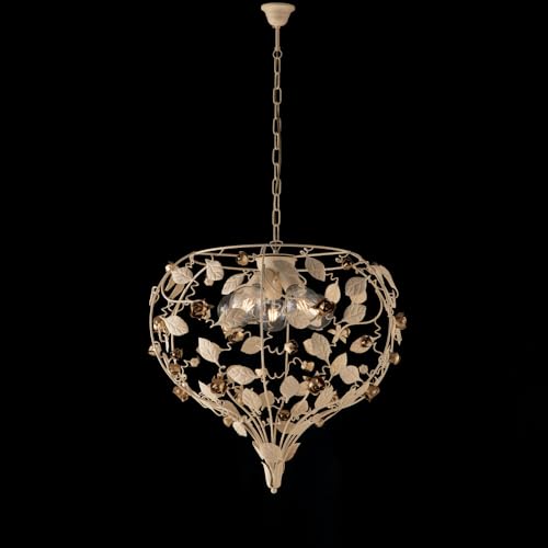 Lustre en fer laqué ivoire 5 lumières au décor décapé pour salon