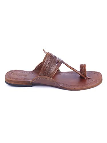 KORAKARI Women's Kolhapuri Chappal Tan Leather Handcrafted Sandal Smooth and Soothing Flip Flops Slipper Stylish Anti Slip Design Traditional Footwear