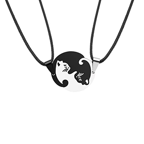 2PCS Cat Dog Necklace Couples Necklace Stainless Steel Cat Dog Friendship Necklace Black Cat Dog Yin Yang Necklace (Cat Black)