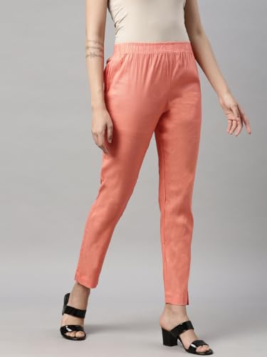 Image of MINELLI Women Solid Cigar Pants, Cotton Lycra Slub Fabric, Elasticated Waistband, Pull On Style, Regular Fit Bottom Wear for Western and Ethnic Wear
