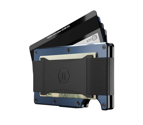Image of The Ridge Authentic Minimalist Metal RFID Blocking Wallet With Cash Strap for Men - Slim Navy Design