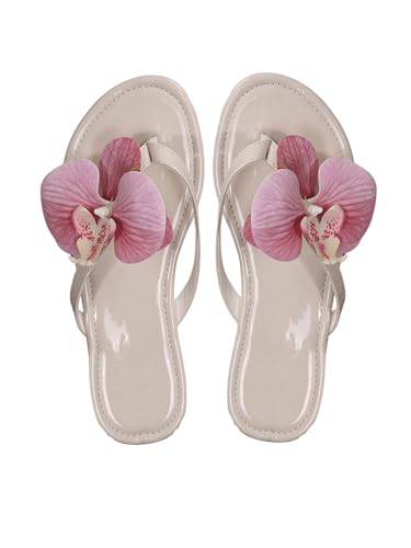OYOANGLE Women's Floral Flat Flip Flops Pu Leather Slip On Causal Elegant Slide Sandals