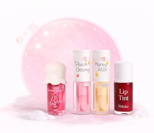 Image of Mini Lip Gloss Combo Set of 4 - 2Lip Oil, Tint & Bottle Shapes | pH Color Changing Lip Tint | Natural Pink Shine | Flavored Gloss Gift for Women & Girls (Lip Gloss Combo 4)